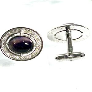 Dante Vintage Oval Silver Tone Metal Cufflinks Large Purple Moonglow Cabochon